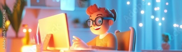 Fototapeta A cheerful child with glasses is engaged with a computer, surrounded by a cozy, illuminated room filled with soft colors and decorations.