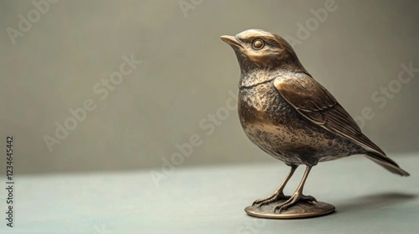 Fototapeta Decorative bronze statue of a bird, placed on a soft gray background with copy space.
