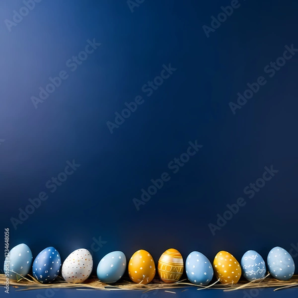 Fototapeta dark blue background copy space with easter eggs and decoration, free space for text and greetings  