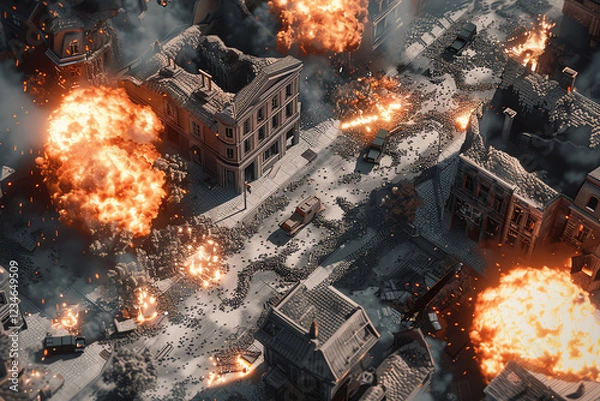Fototapeta Capture an aerial view of a bustling World War II battle scene in a pixel art animation style, focusing on the contrast of fiery explosions against a desaturated, war-torn landscape