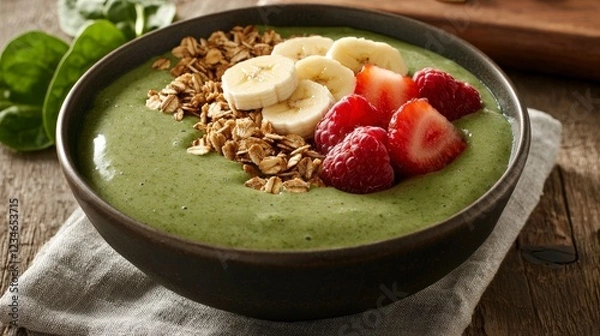Fototapeta Fresh Green Smoothie Bowl with Banana, Granola, and Berries on Wooden Table