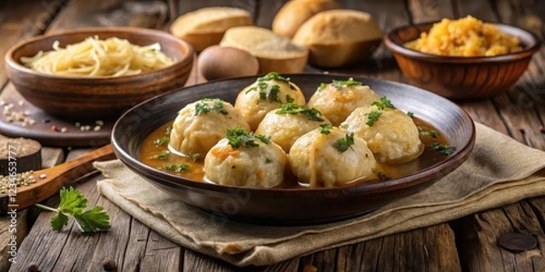 Obraz Steaming hot sauerkraut dumplings served with a side of tangy mustard and crispy bread croutons, dumpling