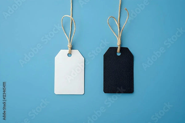 Obraz Blank Tags Hanging on Twine Against a Blue Background