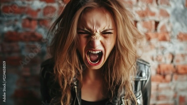 Fototapeta A young woman stands against a rugged brick wall, her face filled with raw emotion as she screams, expressing frustration and intensity.