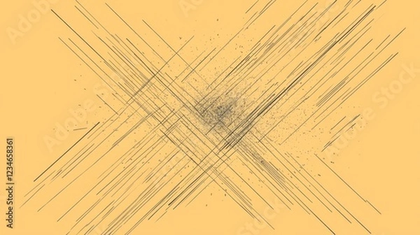 Fototapeta Abstract art with intersecting lines and particles on a pale yellow background.