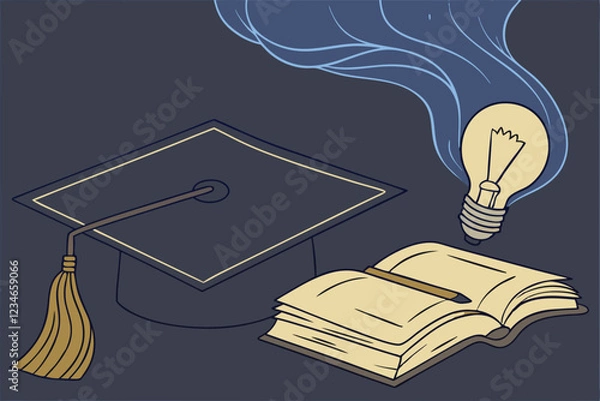 Obraz Graduation cap, glowing light bulb, open book, wispy blue smoke, dark background, wooden surface, knowledge concept, education symbolism, illumination metaphor, academic achievement, learning visua