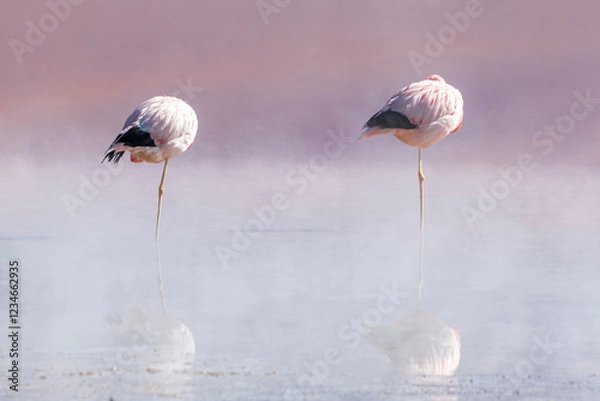 Obraz Andean flamingoes standing  on one leg in the morning  myst