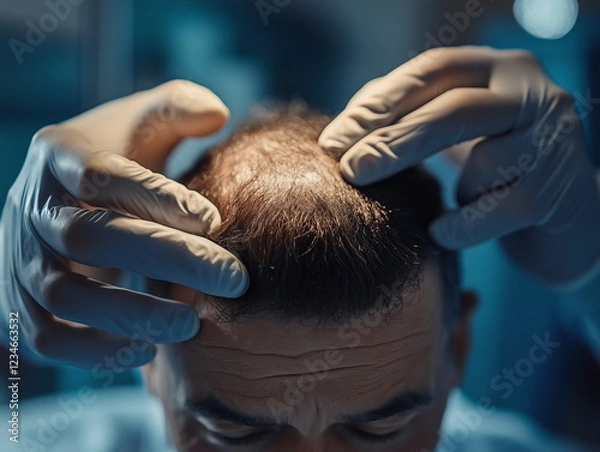 Fototapeta A medical professional wearing gloves examines a patient's scalp during a hair restoration procedure inside a clinical setting. The atmosphere is sterile and focused on recovery.