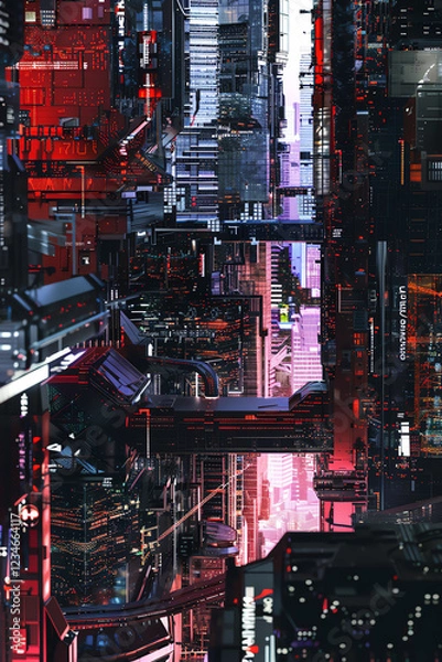 Fototapeta Craft a pixel art piece showing a high-angle scene of futuristic technologies in a dystopian setting, incorporating glitch art elements to convey a sense of chaos and uncertainty in the digital realm