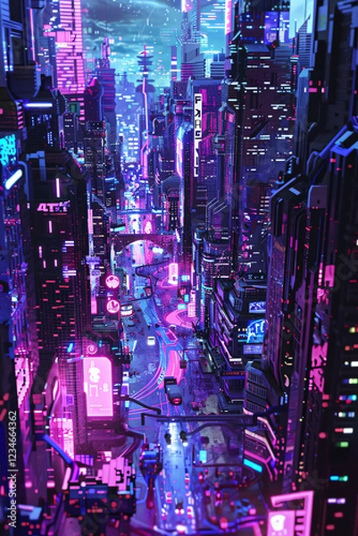 Fototapeta Craft a pixel art piece showing a high-angle scene of futuristic technologies in a dystopian setting, incorporating glitch art elements to convey a sense of chaos and uncertainty in the digital realm