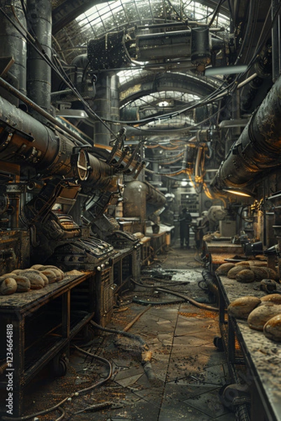 Fototapeta Craft a scene in a post-apocalyptic bakery where machines knead dough amidst an industrial wasteland, viewed from underneath a broken ceiling, giving a unique perspective of the bakers wearing gas mas