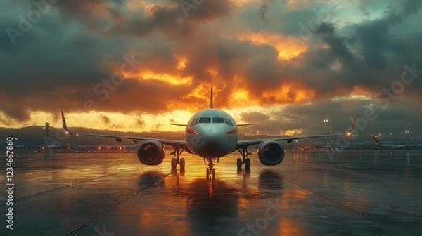 Fototapeta Airplane on runway at sunset, reflecting on wet tarmac.
