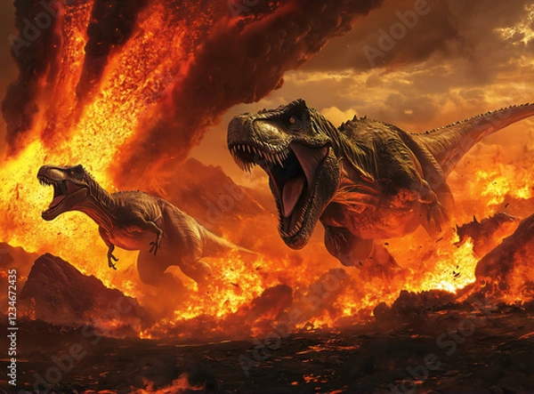 Obraz Jurassic dinosaurs fighting before extinction