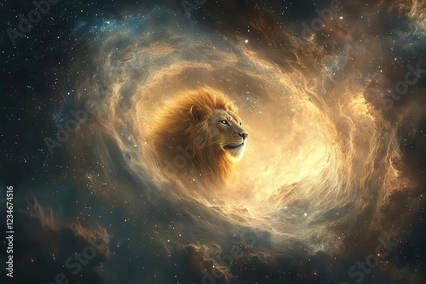 Fototapeta mystical leo zodiac artwork featuring golden lion emerging from cosmic nebula, celestial elements swirling
