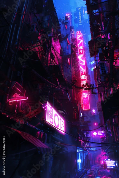 Fototapeta Experience the ominous allure of futuristic terror through a low-angle view capturing eerie neon lights and menacing shadows in a digital glitch art style