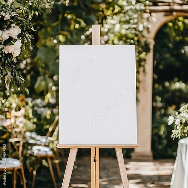 Fototapeta A blank white canvus welcome sign mockup, size is 24 by 36 inches in portrait orientation, on an easel during a wedding party. ,

