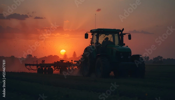 Obraz Silhouetted tractor working a field at sunset.