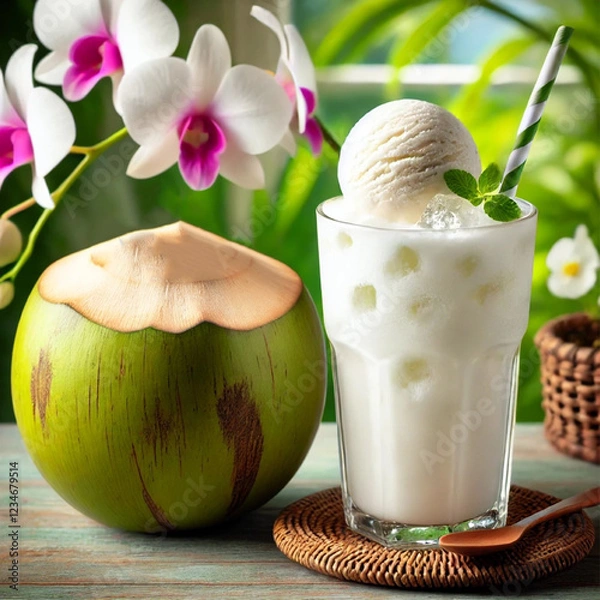 Fototapeta A glass of coconut shake with a purple orchid background