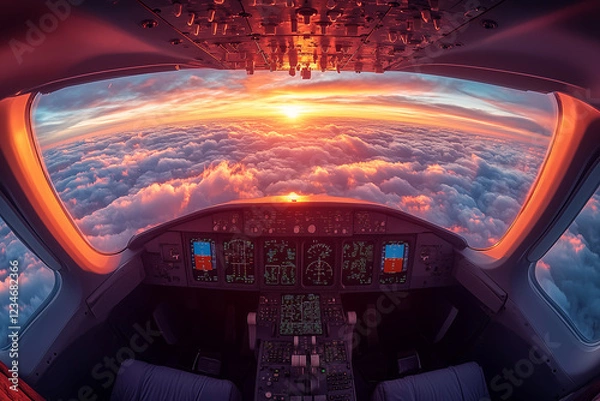 Fototapeta view from the cockpit of an airplane at sunset clouds