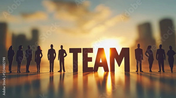 Fototapeta Teamwork Silhouettes at Sunset with Reflection and Bold Typography