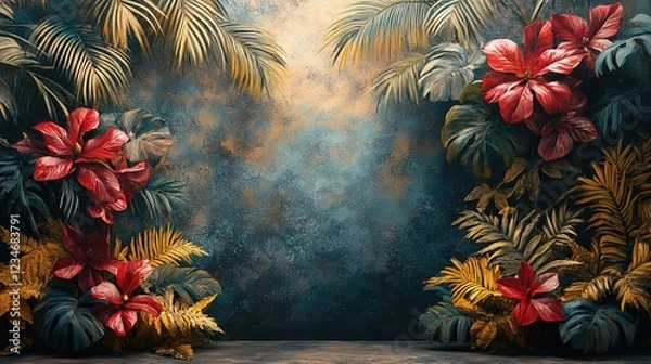 Obraz Red flowers with green leaves background for presentations or graphics