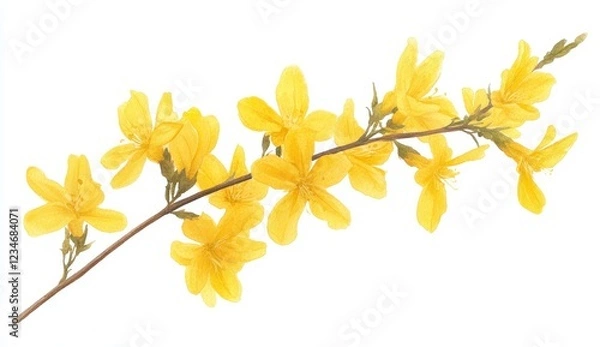 Fototapeta Branch of vibrant yellow flowers against a white background. Detailed close up showcasing delicate petals and textures. Springtime floral image