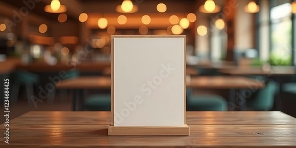 Obraz A blank sign stands on a table in a restaurant, awaiting the creation of a menu or message