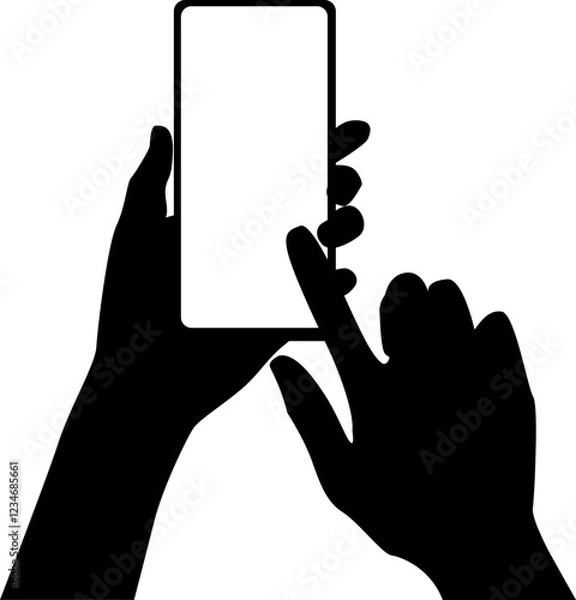 Fototapeta Black silhouette of two hands holding smartphone with transparent screen. Vector illustration with transparent background