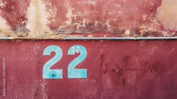 Fototapeta Burgundy wall with number 22 written in light blue. Copy space