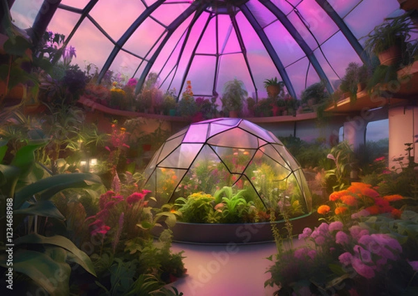 Fototapeta A self-sustaining AI-powered bio-dome with lush greenery and robotic caretakers.