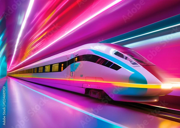 Fototapeta A high-speed maglev train traveling through a neon-lit futuristic tunnel.