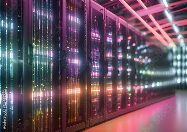 Fototapeta A massive AI-controlled server room with glowing data streams flowing between racks.