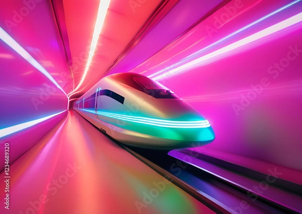 Fototapeta A high-speed maglev train traveling through a neon-lit futuristic tunnel.
