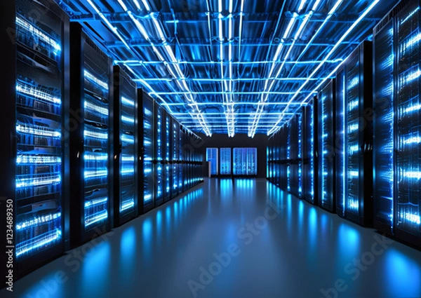 Fototapeta A massive AI-controlled server room with glowing data streams flowing between racks.