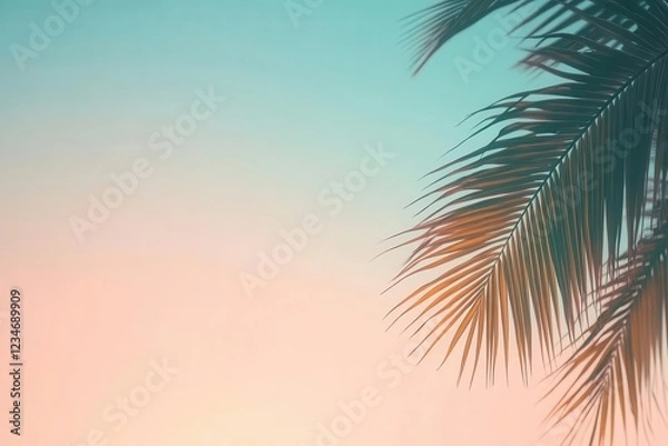 Fototapeta serene tropical beach at golden hour with soft focus palm silhouettes and pastel sky gradient