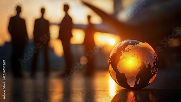 Fototapeta The image features silhouetted figures against a sunset, with a globe in the foreground symbolizing global business and connection.