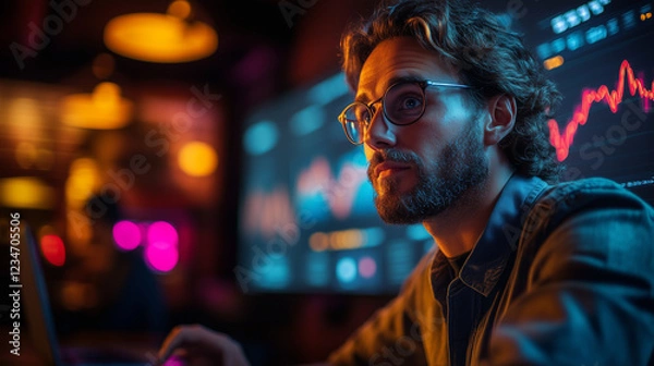 Fototapeta A tech seminar scene, with a presenter explaining a digital graph on a large screen. Bright lighting, contrast