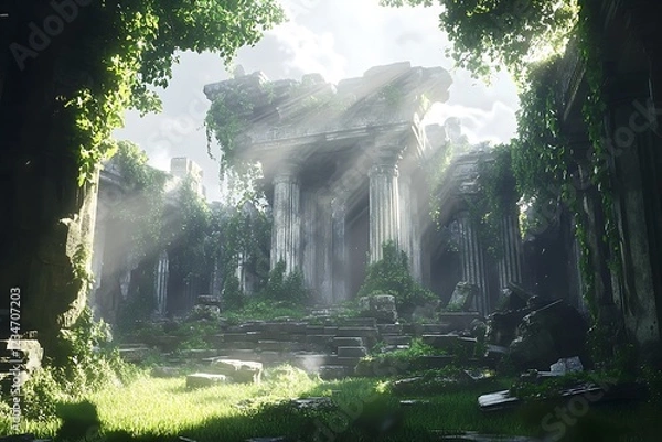 Fototapeta Ancient Overgrown Temple Ruins with Sunlit Forest