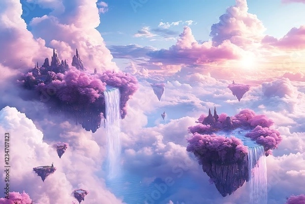 Fototapeta Surreal Dreamscape with Floating Islands and Skyward Waterfalls