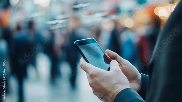 Obraz Phone use, crowds, blurred street, for urban life