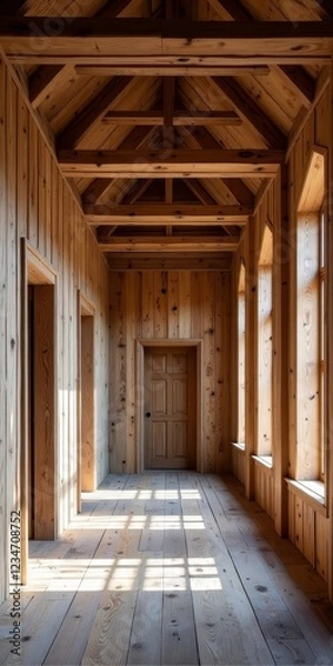 Fototapeta Rustic wooden hallway with natural light, inviting and serene atmosphere