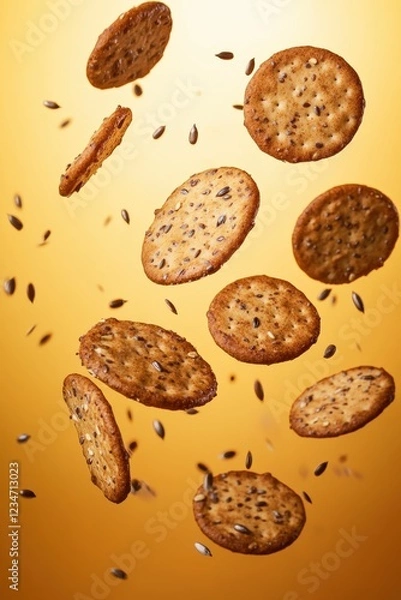 Fototapeta Crispy, round crackers filled with flax and sesame seeds float mid-air against a bright golden background, creating a striking food photography composition.