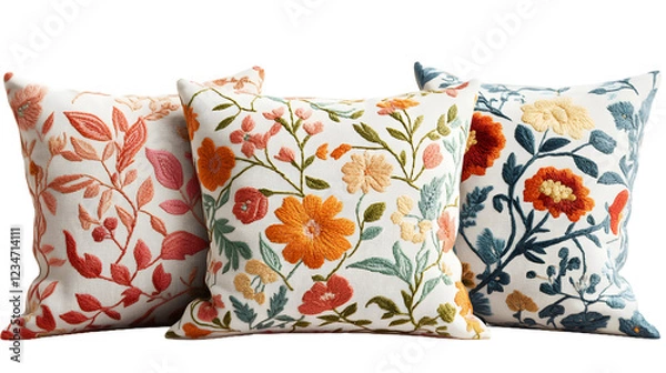 Fototapeta Set of decorative cushions with embroidered floral on white or transparent background