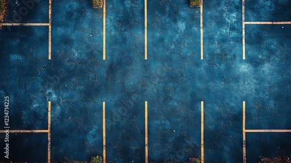 Fototapeta Aerial view of empty asphalt parking lot with faded yellow lines.