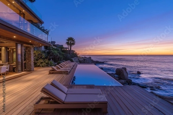 Fototapeta A wooden deck with plush loungers overlooking the ocean, a sunset sky with blue and purple hues, a tropical beach setting, and an outdoor private pool in the background.