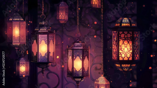 Obraz Illuminated Moroccan lanterns: explore intricate metalwork, warm light, and Arabic design in festive Ramadan evening ambiance and mystical Eid decorations on dark backgrounds