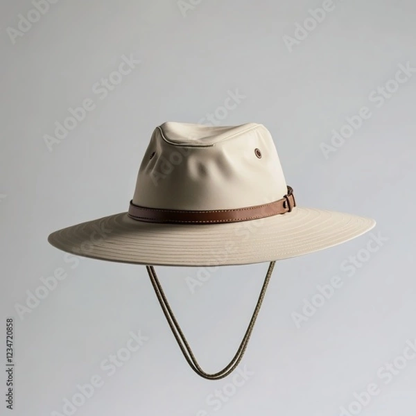 Fototapeta A simple hat with an outback style, made of light beige felt fabric and a brown leather band on the brim, set against a white background