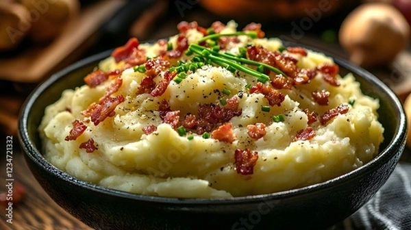 Fototapeta Smooth Warm Dish, Creamy Mashed Potatoes Topped with Savory Bacon and Fresh Chives