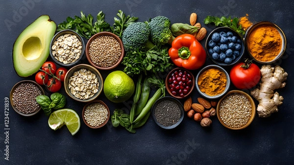 Fototapeta A variety of nuts, beans, and vegetables are displayed in bowls on a counter. The bowls are arranged in a way that creates a colorful and inviting display. Concept of abundance and health