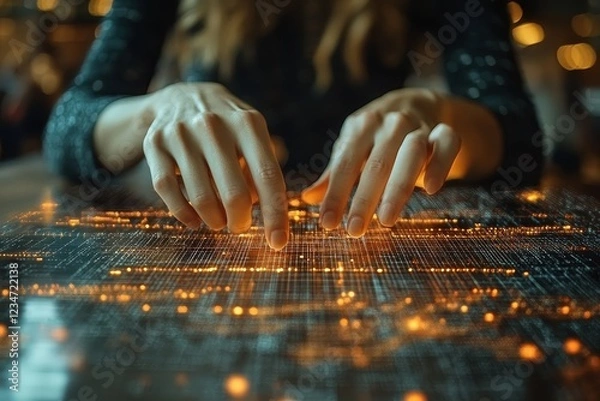 Obraz Hands interacting with a glowing data visualization on a table.